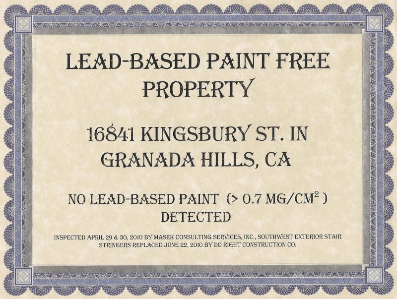 Certificate of No Lead Based Paint being found on property by Masek Consulting Services