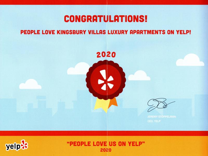 Kingsbury Villas Yelp Award Certificate 2020